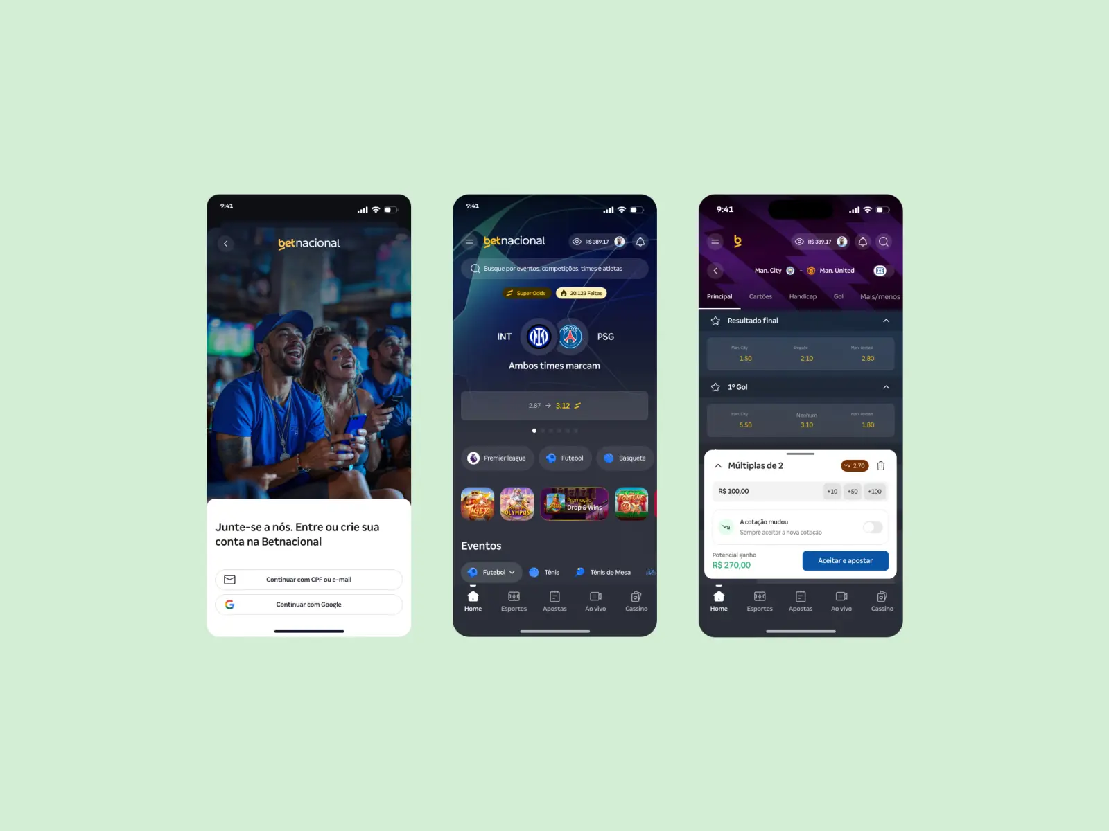 Telas do app Betnacional