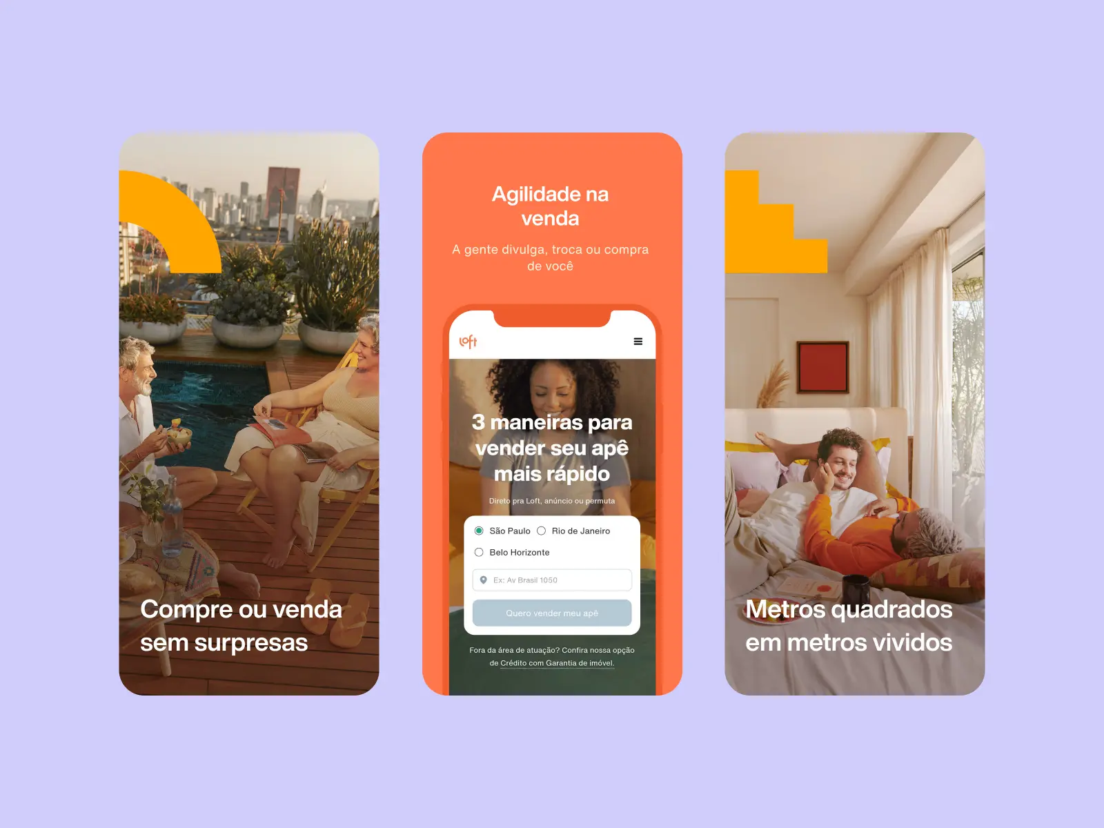 Telas do app da Loft para compra e venda de imóveis